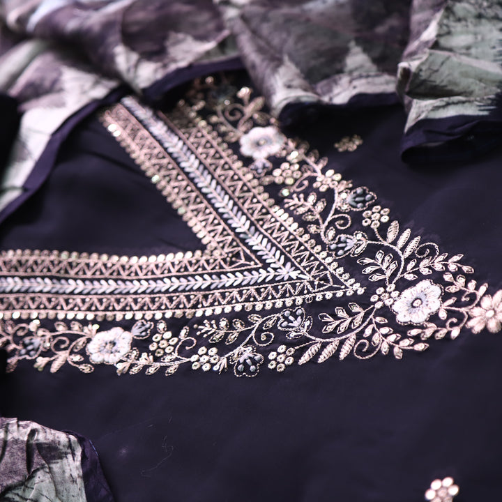 Ishaani Coal Black Embellish Zari V Neck Work Modal Suit Set