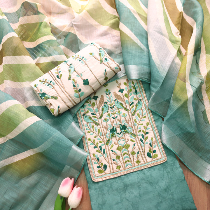 Prachi Aqua Teal Bird Embroidered Yoke Cotton Linen Set