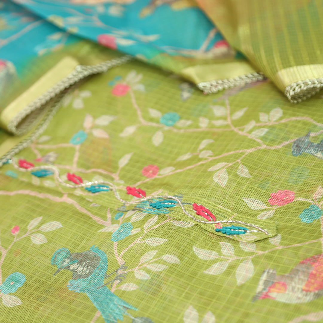 Udarri Grass Green Thread Work Floral Printed Kota Doriya Set