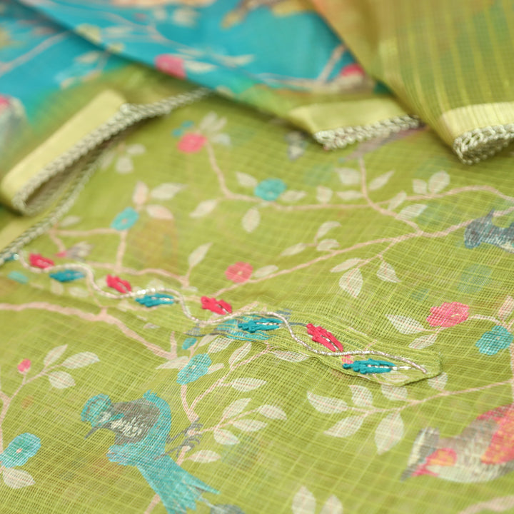 Udarri Grass Green Thread Work Floral Printed Kota Doriya Set