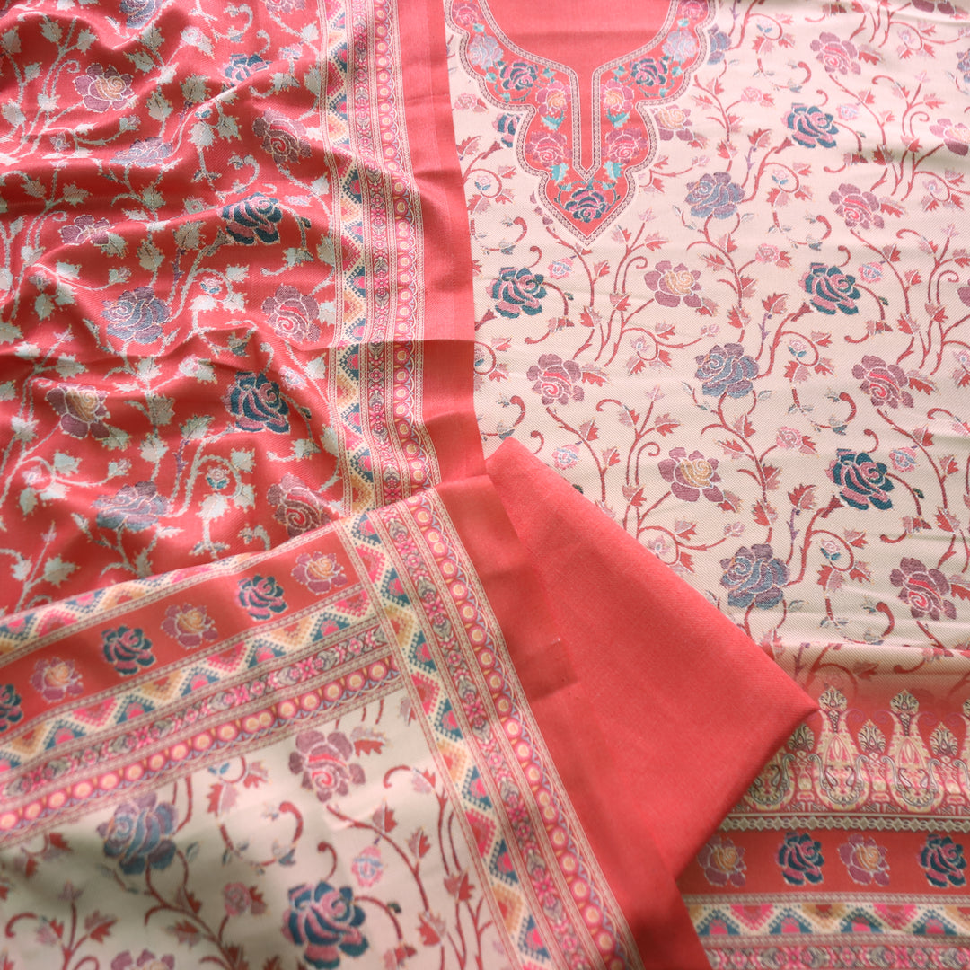 राधिका Coral Rust All Over Floral Print Semi Pashmina Winter Suit Set