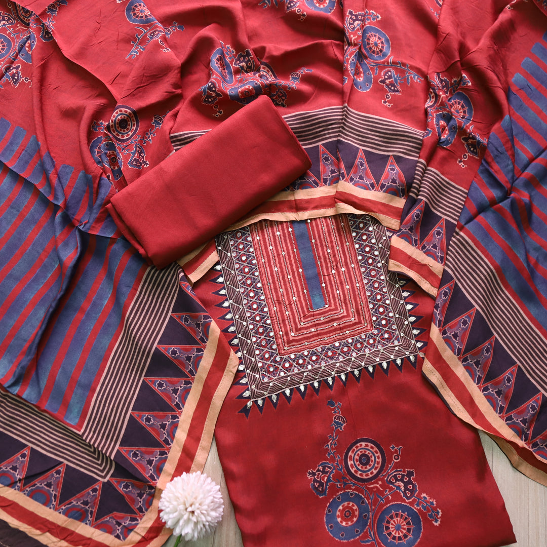Manzeel Barn Red Zari with Patra Neck Work Printed Muslin Suit Set