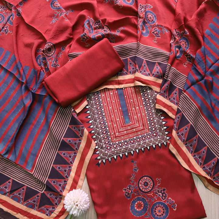 Manzeel Barn Red Zari with Patra Neck Work Printed Muslin Suit Set