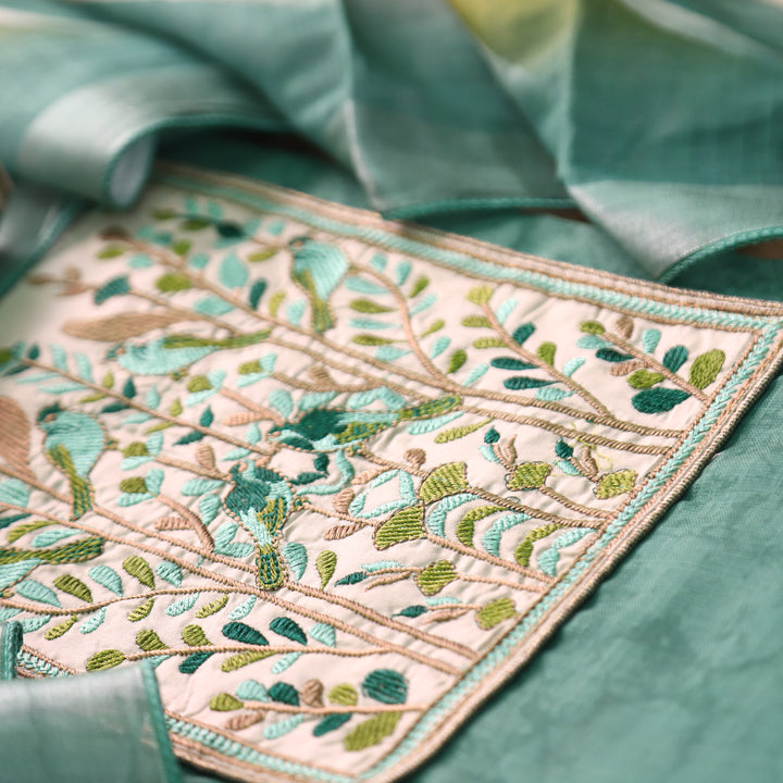 Prachi Aqua Teal Bird Embroidered Yoke Cotton Linen Set