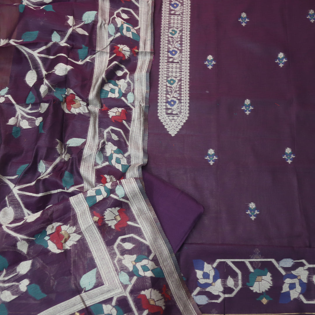 Mulakat Eggplant Purple Floral Authentic Jamdani Weaved with Zari Chanderi Suit Set