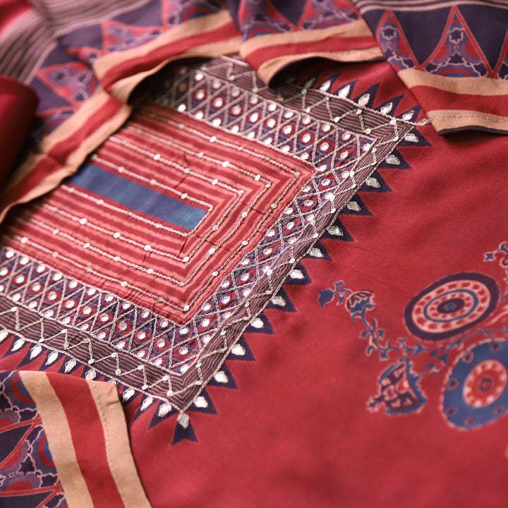 Manzeel Barn Red Zari with Patra Neck Work Printed Muslin Suit Set