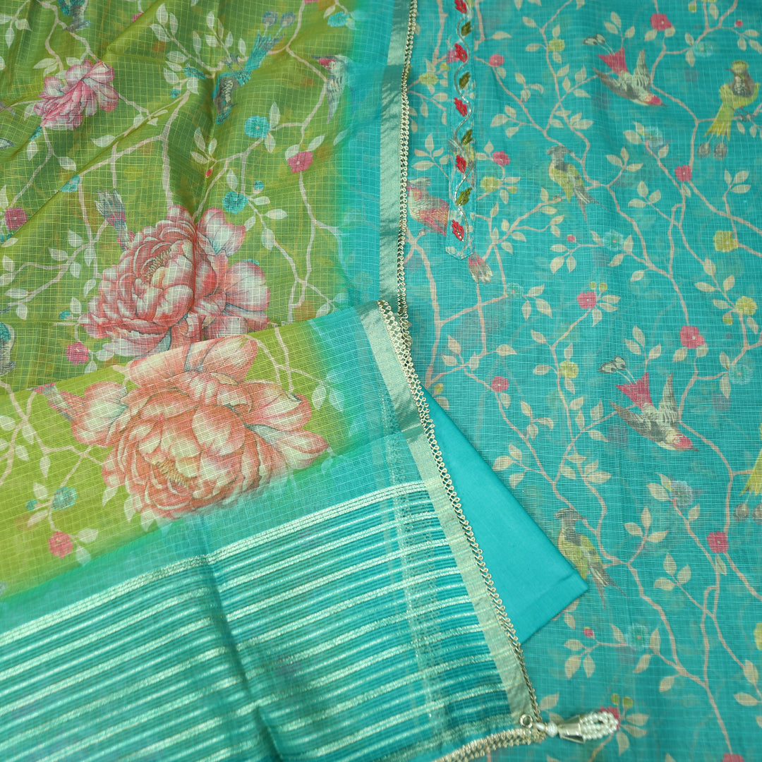 Udarri Sky Blue Thread Work Floral Printed Kota Doriya Set
