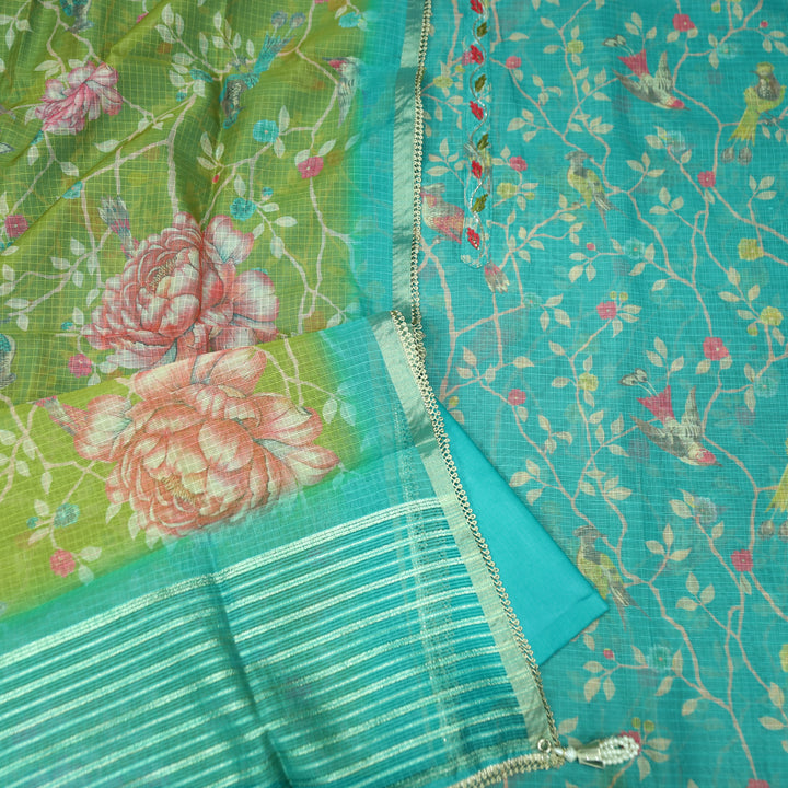 Udarri Sky Blue Thread Work Floral Printed Kota Doriya Set