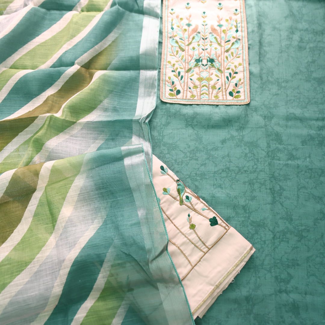 Prachi Aqua Teal Bird Embroidered Yoke Cotton Linen Set