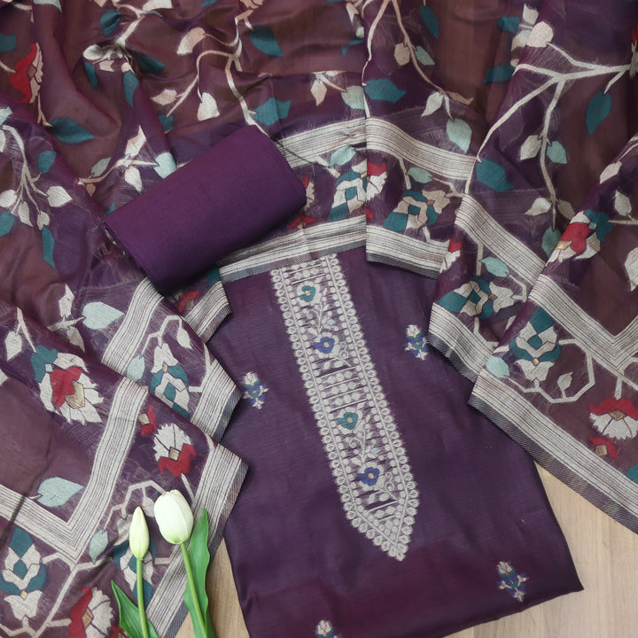 Mulakat Eggplant Purple Floral Authentic Jamdani Weaved with Zari Chanderi Suit Set