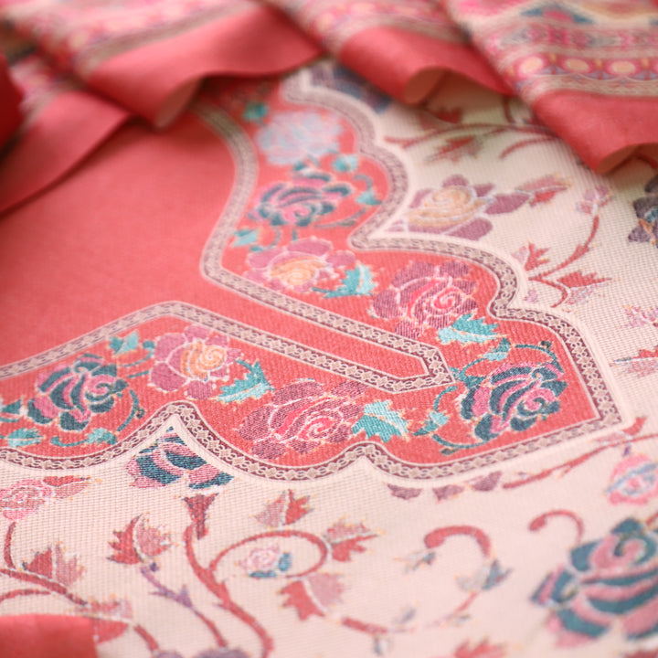 राधिका Coral Rust All Over Floral Print Semi Pashmina Winter Suit Set