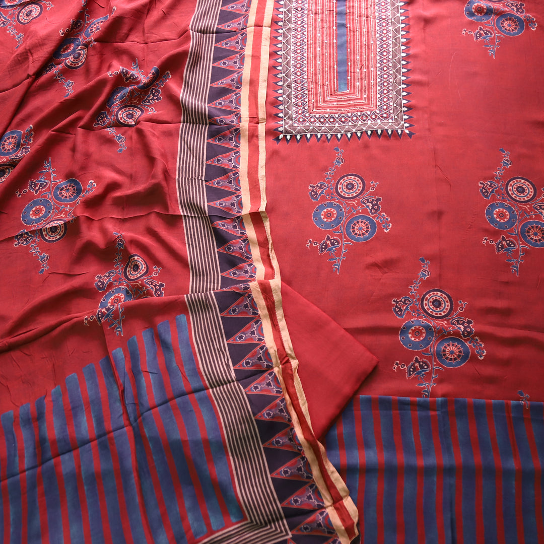 Manzeel Barn Red Zari with Patra Neck Work Printed Muslin Suit Set