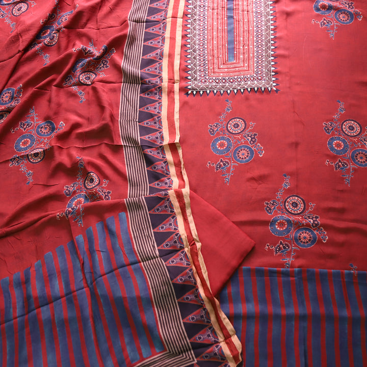 Manzeel Barn Red Zari with Patra Neck Work Printed Muslin Suit Set