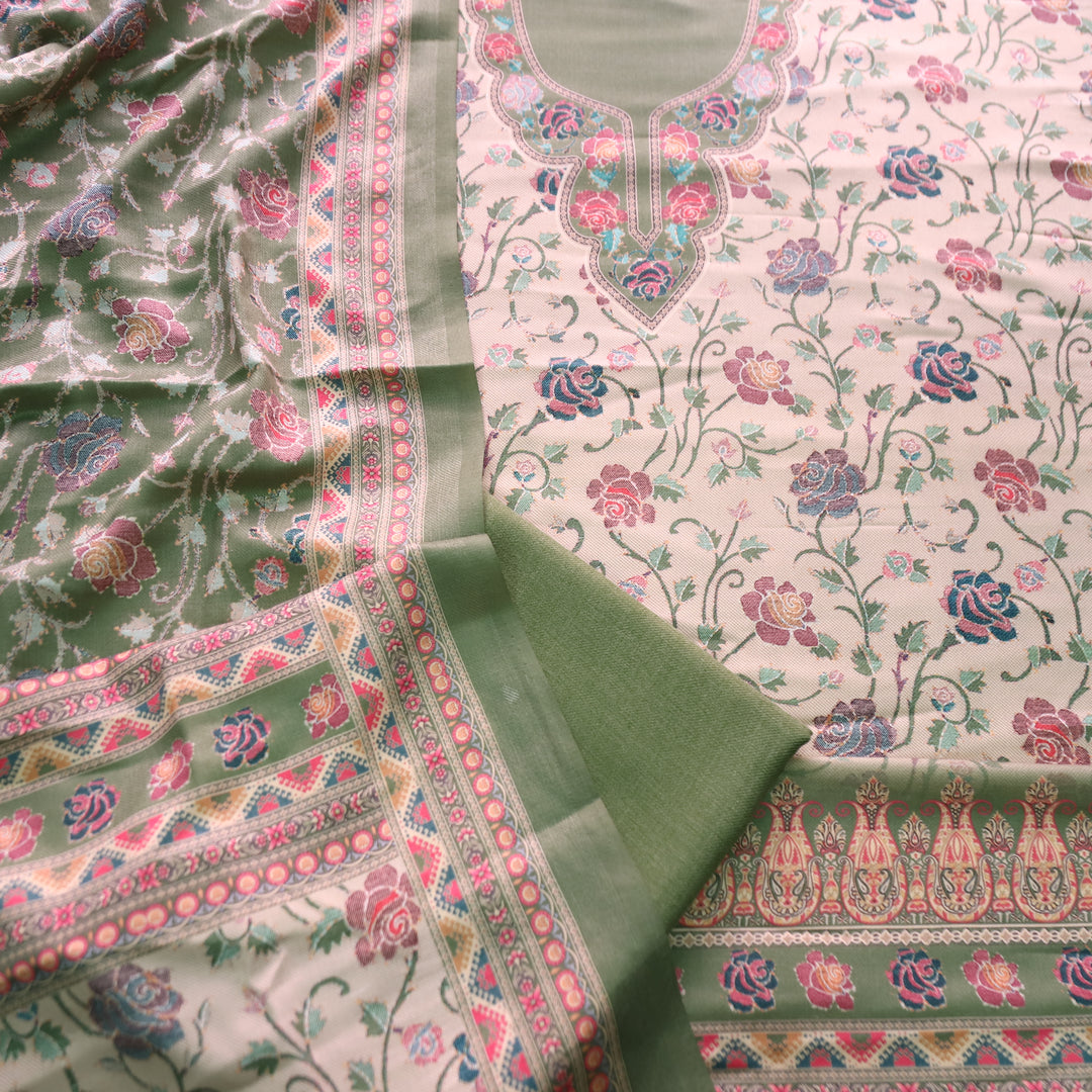 राधिका Fern Green All Over Floral Print Semi Pashmina Winter Suit Set