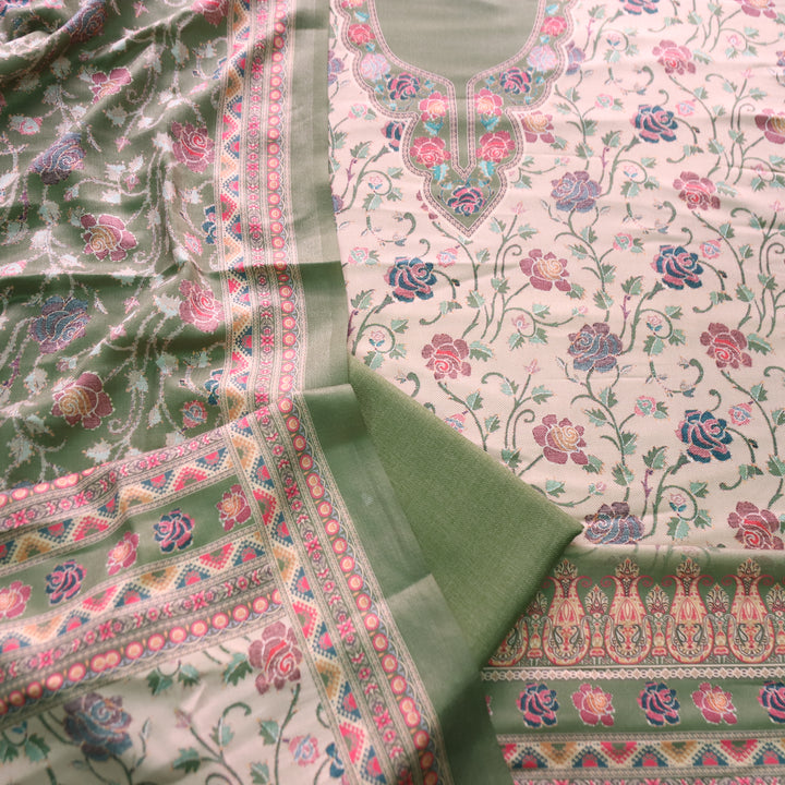 राधिका Fern Green All Over Floral Print Semi Pashmina Winter Suit Set