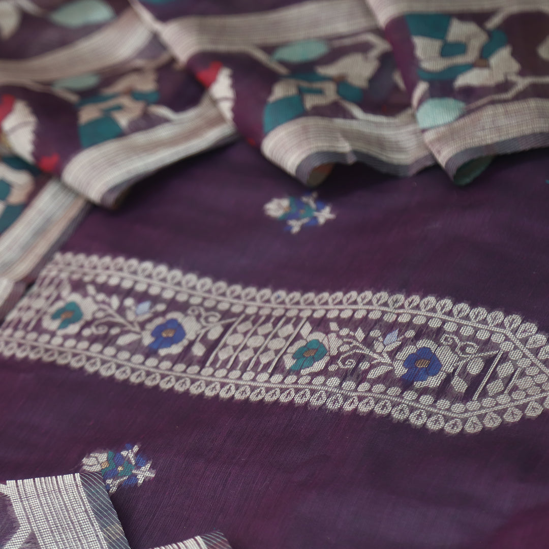 Mulakat Eggplant Purple Floral Authentic Jamdani Weaved with Zari Chanderi Suit Set