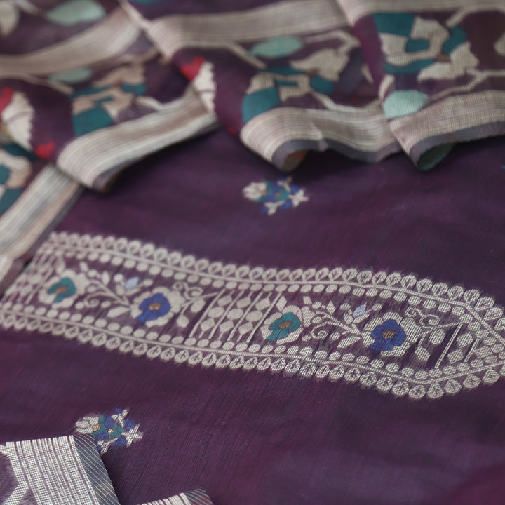 Mulakat Eggplant Purple Floral Authentic Jamdani Weaved with Zari Chanderi Suit Set