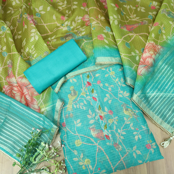 Udarri Sky Blue Thread Work Floral Printed Kota Doriya Set
