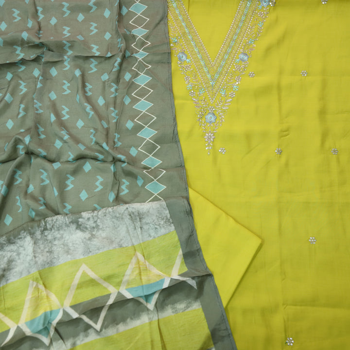 Ishaani Lemon Yellow Embellish Zari V Neck Work Modal Suit Set
