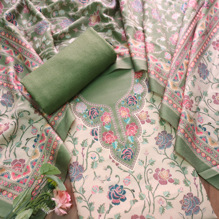 राधिका Fern Green All Over Floral Print Semi Pashmina Winter Suit Set