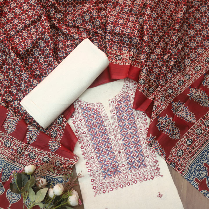 Nazariya Shell White with Red Thread Embroidery With Patra Cotton Suit Set
