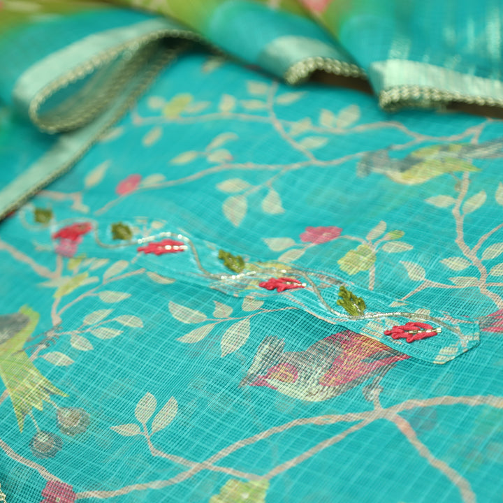 Udarri Sky Blue Thread Work Floral Printed Kota Doriya Set