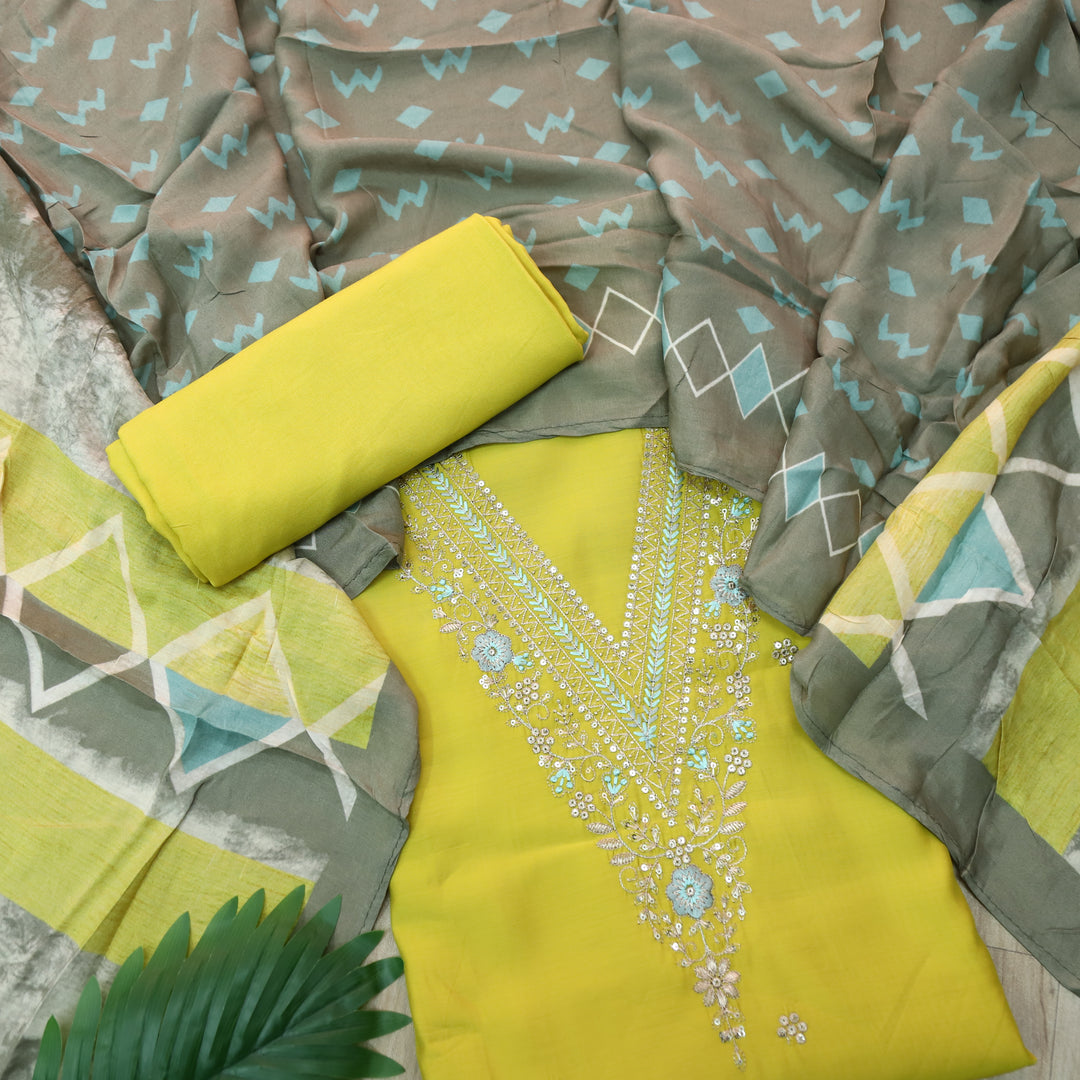 Ishaani Lemon Yellow Embellish Zari V Neck Work Modal Suit Set