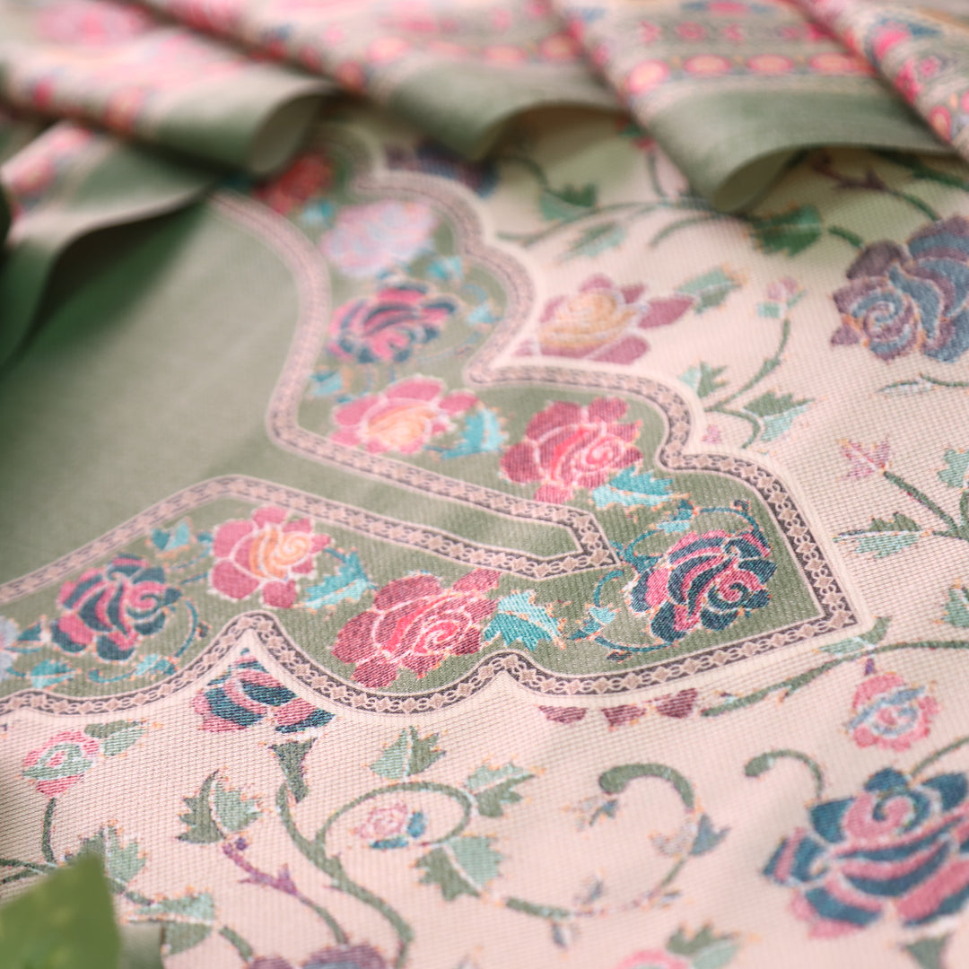 राधिका Fern Green All Over Floral Print Semi Pashmina Winter Suit Set