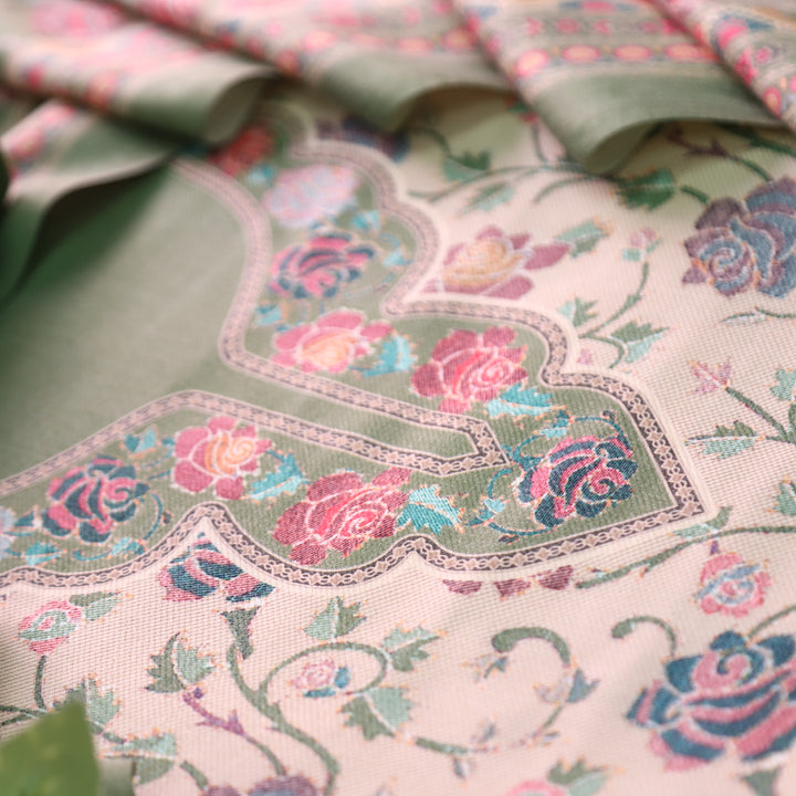 राधिका Fern Green All Over Floral Print Semi Pashmina Winter Suit Set