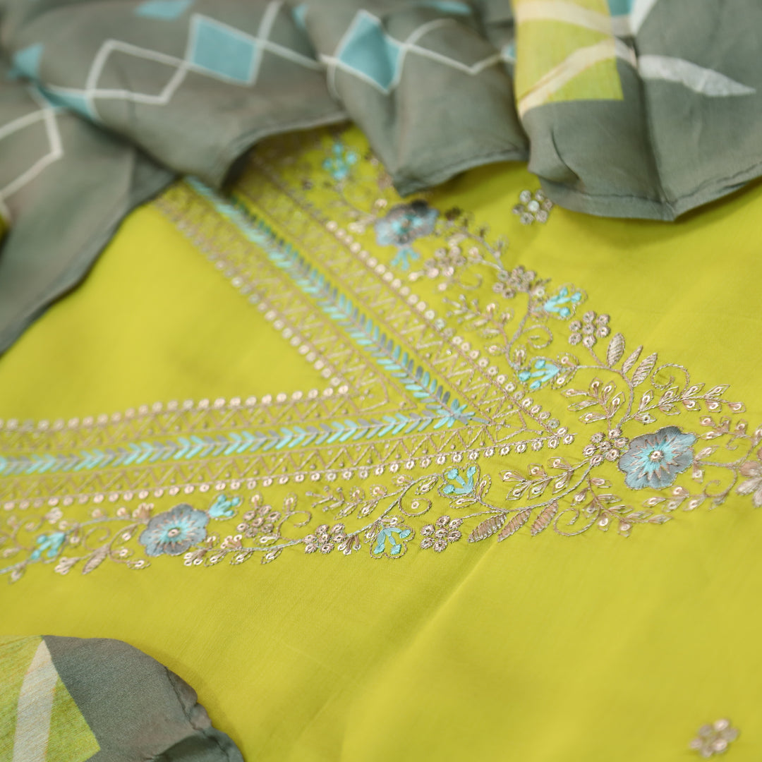 Ishaani Lemon Yellow Embellish Zari V Neck Work Modal Suit Set