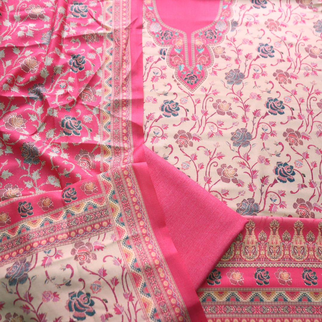 राधिका Punch Pink All Over Floral Print Semi Pashmina Winter Suit Set
