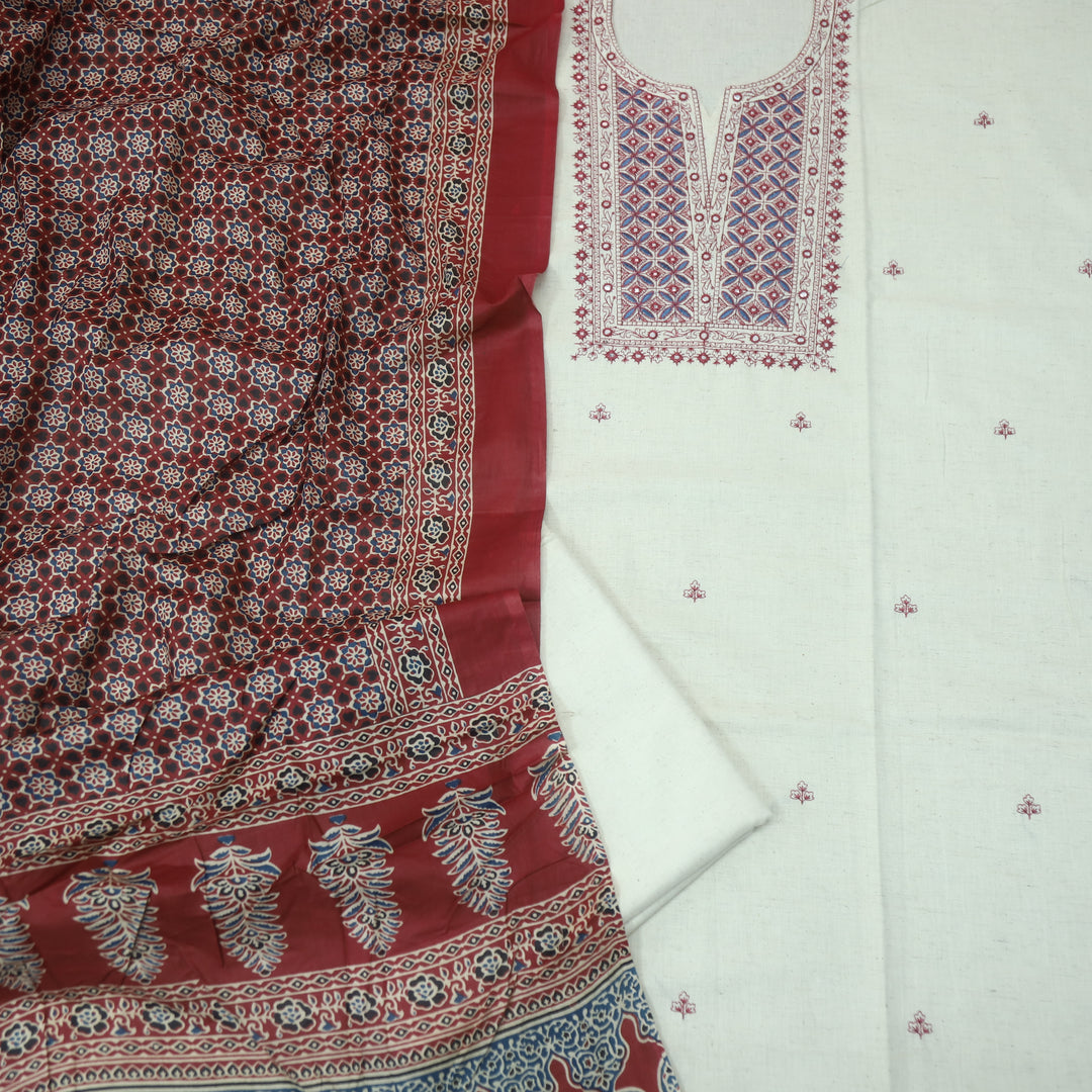 Nazariya Shell White with Red Thread Embroidery With Patra Cotton Suit Set