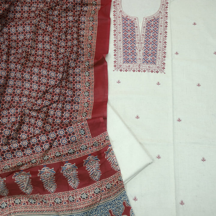Nazariya Shell White with Red Thread Embroidery With Patra Cotton Suit Set
