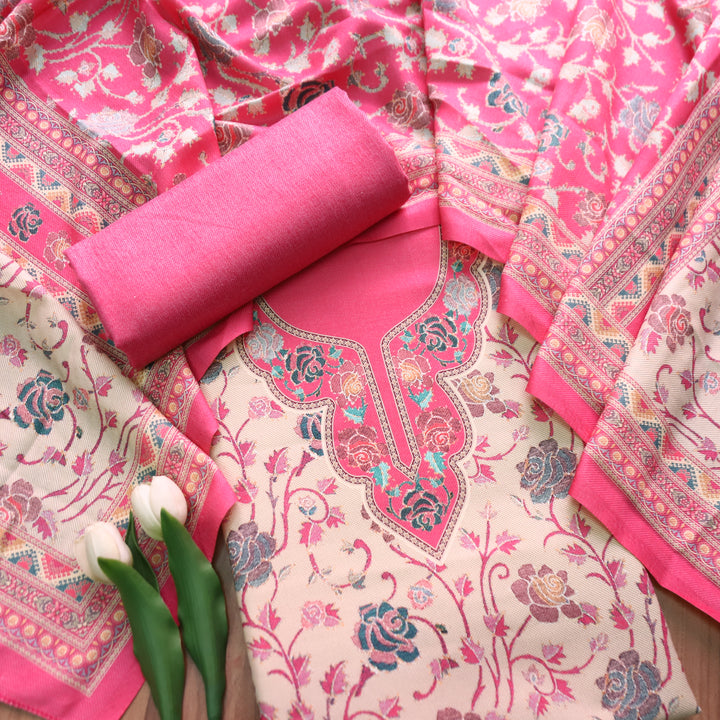 राधिका Punch Pink All Over Floral Print Semi Pashmina Winter Suit Set