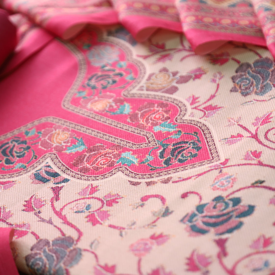 राधिका Punch Pink All Over Floral Print Semi Pashmina Winter Suit Set