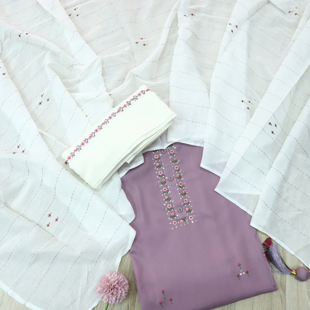 Khwab Tulip Purple Embroidered Neck Work Rayon Cotton Suit Set
