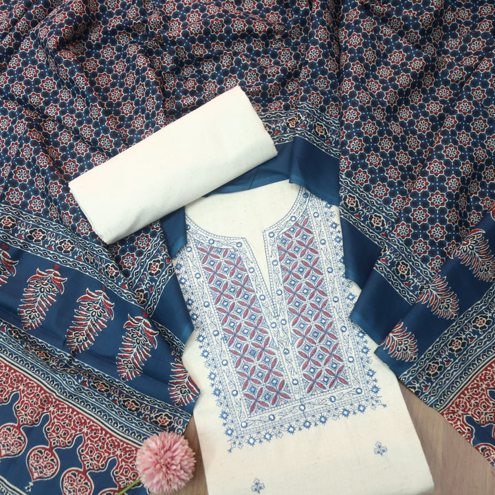 Nazariya Shell White with Blue Thread Embroidery With Patra Cotton Suit Set