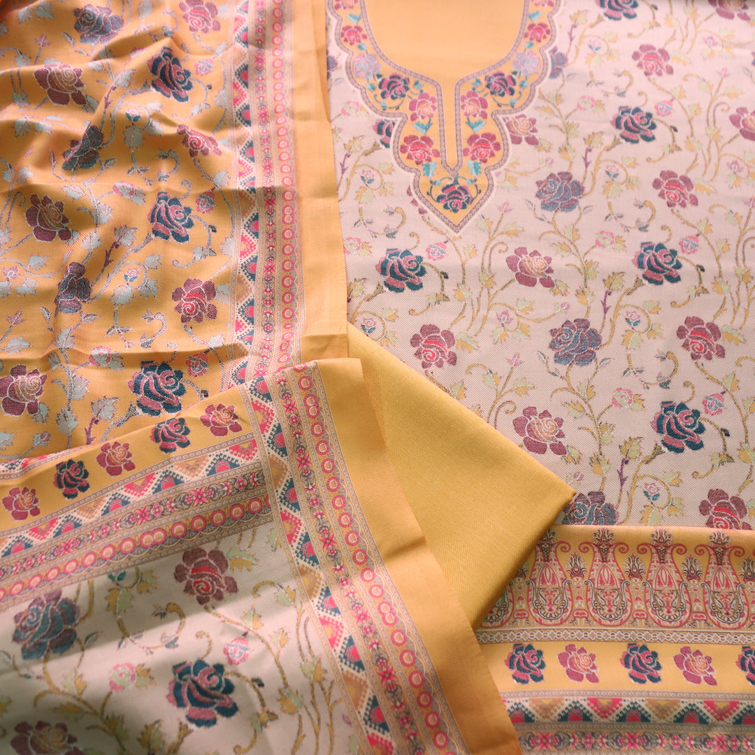 राधिका Butter Yellow All Over Floral Print Semi Pashmina Winter Suit Set