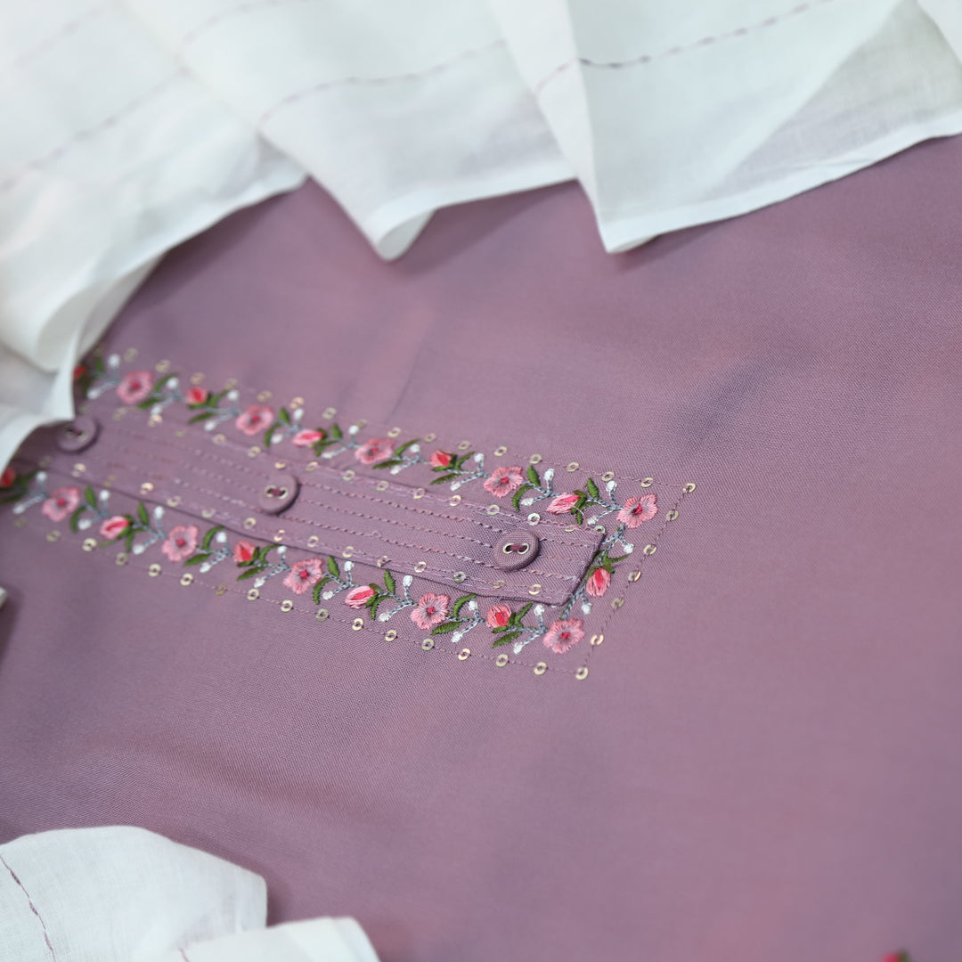 Khwab Tulip Purple Embroidered Neck Work Rayon Cotton Suit Set