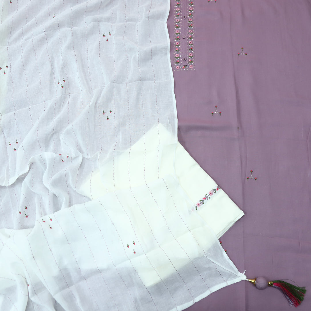 Khwab Tulip Purple Embroidered Neck Work Rayon Cotton Suit Set