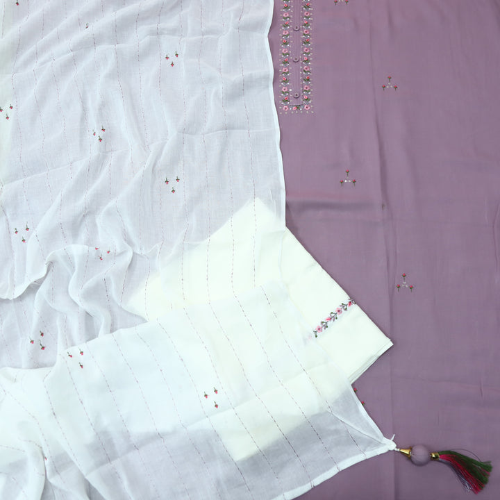 Khwab Tulip Purple Embroidered Neck Work Rayon Cotton Suit Set