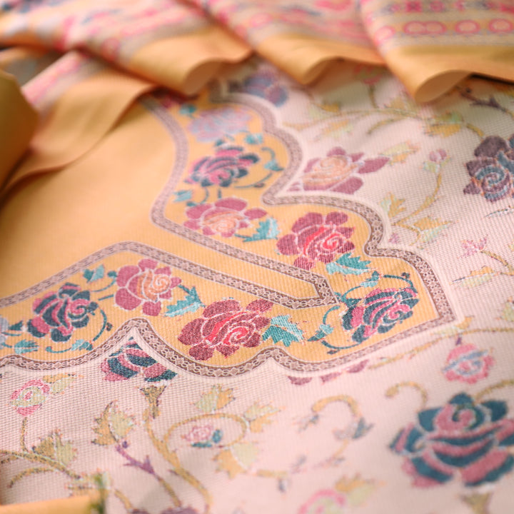 राधिका Butter Yellow All Over Floral Print Semi Pashmina Winter Suit Set