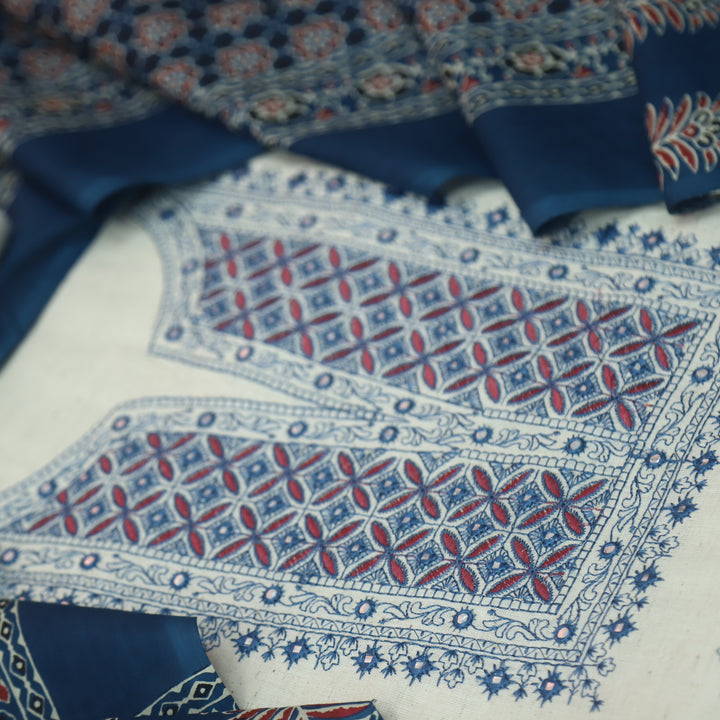 Nazariya Shell White with Blue Thread Embroidery With Patra Cotton Suit Set