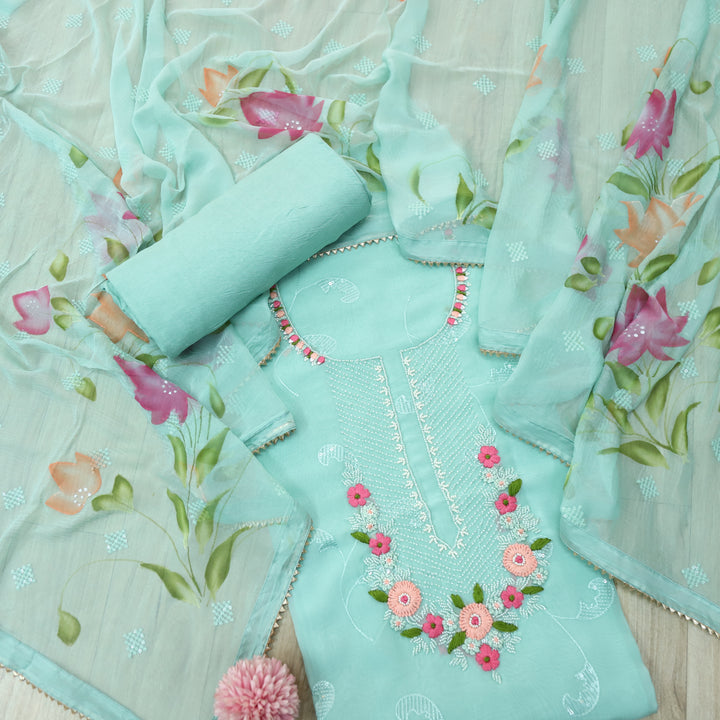 Aafreen Cyan Blue Floral Thread with Moti Work Organza suit set