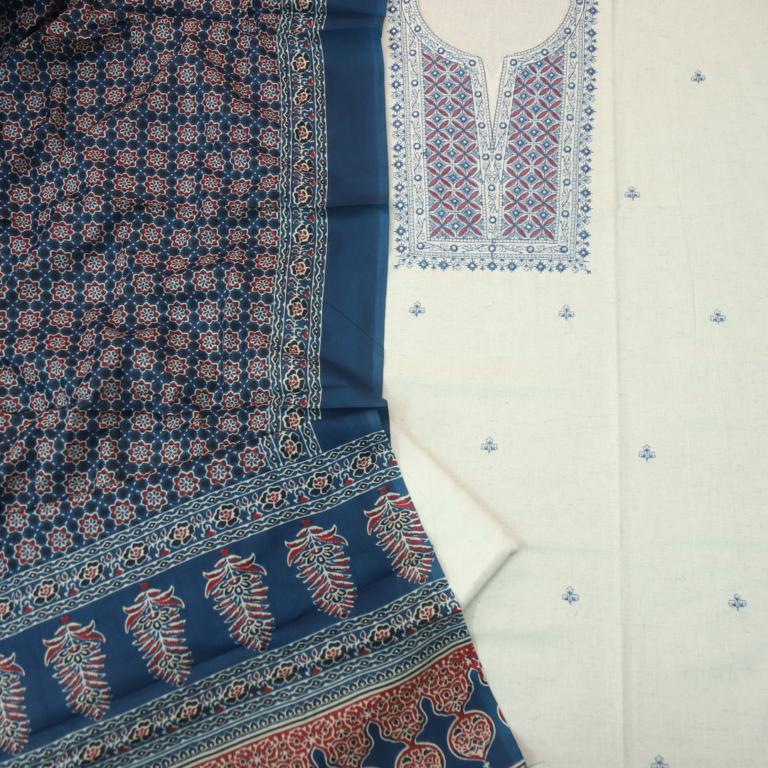 Nazariya Shell White with Blue Thread Embroidery With Patra Cotton Suit Set