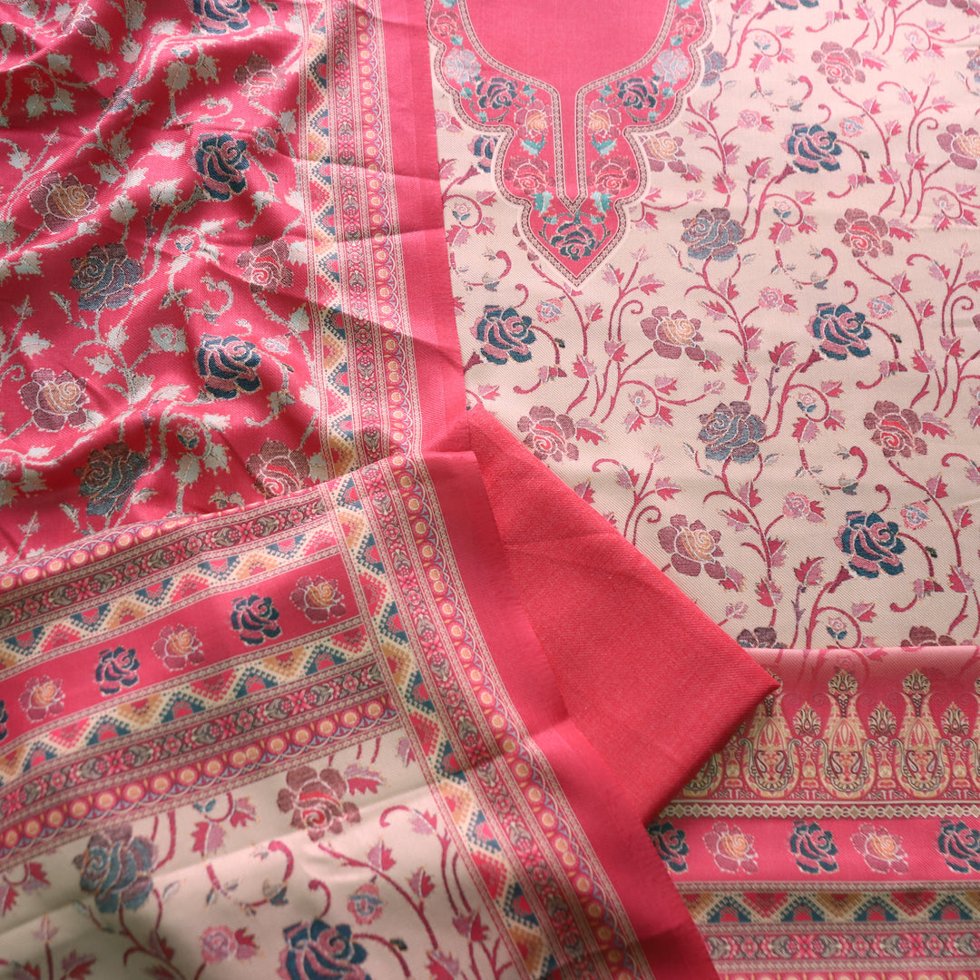 राधिका Blush Pink All Over Floral Print Semi Pashmina Winter Suit Set