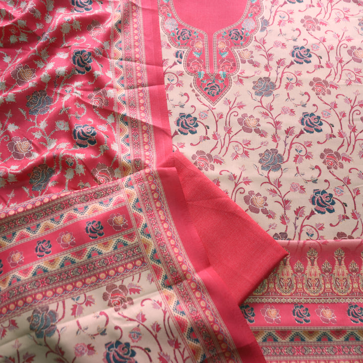 राधिका Blush Pink All Over Floral Print Semi Pashmina Winter Suit Set