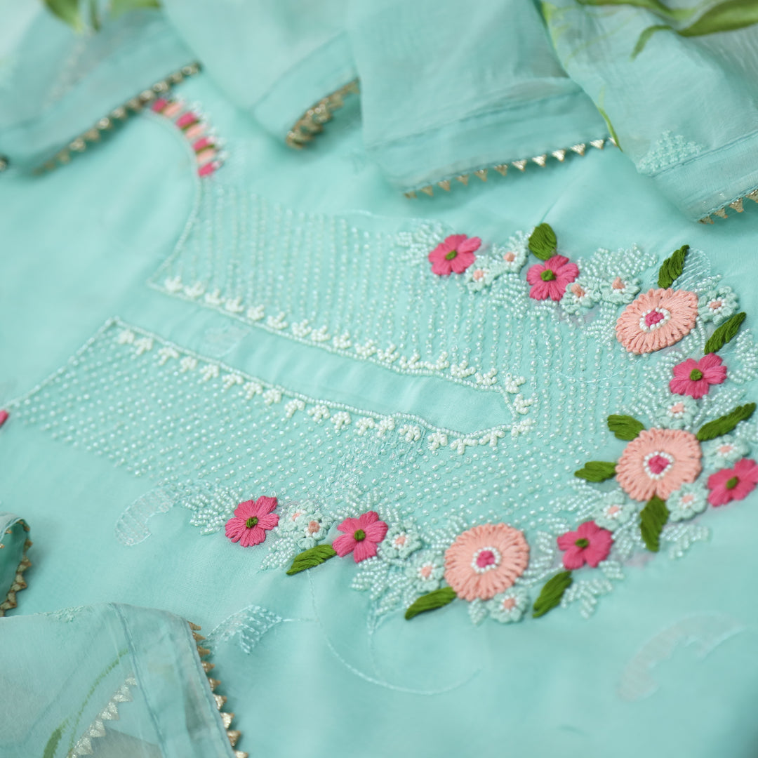 Aafreen Cyan Blue Floral Thread with Moti Work Organza suit set