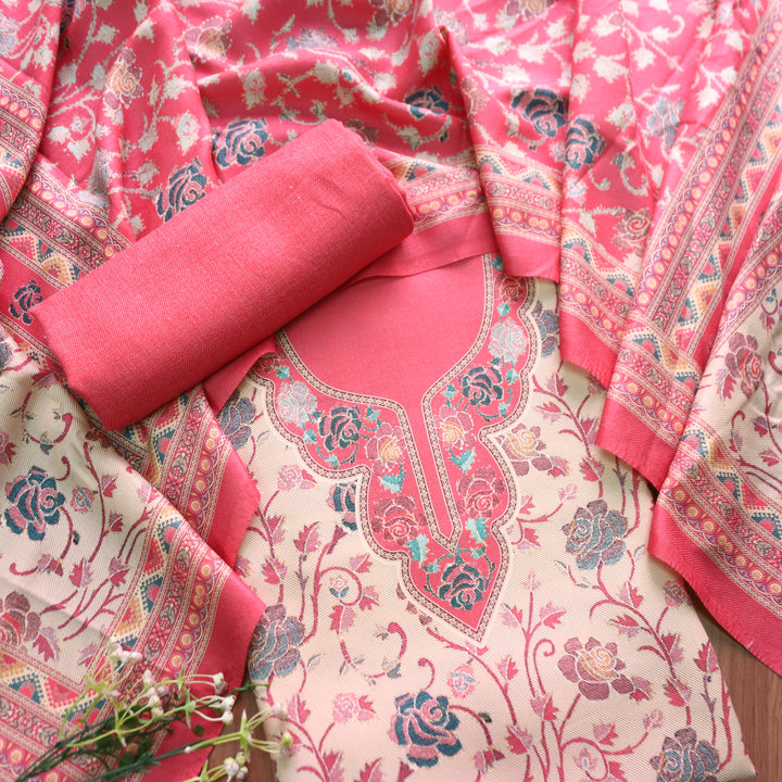 राधिका Blush Pink All Over Floral Print Semi Pashmina Winter Suit Set