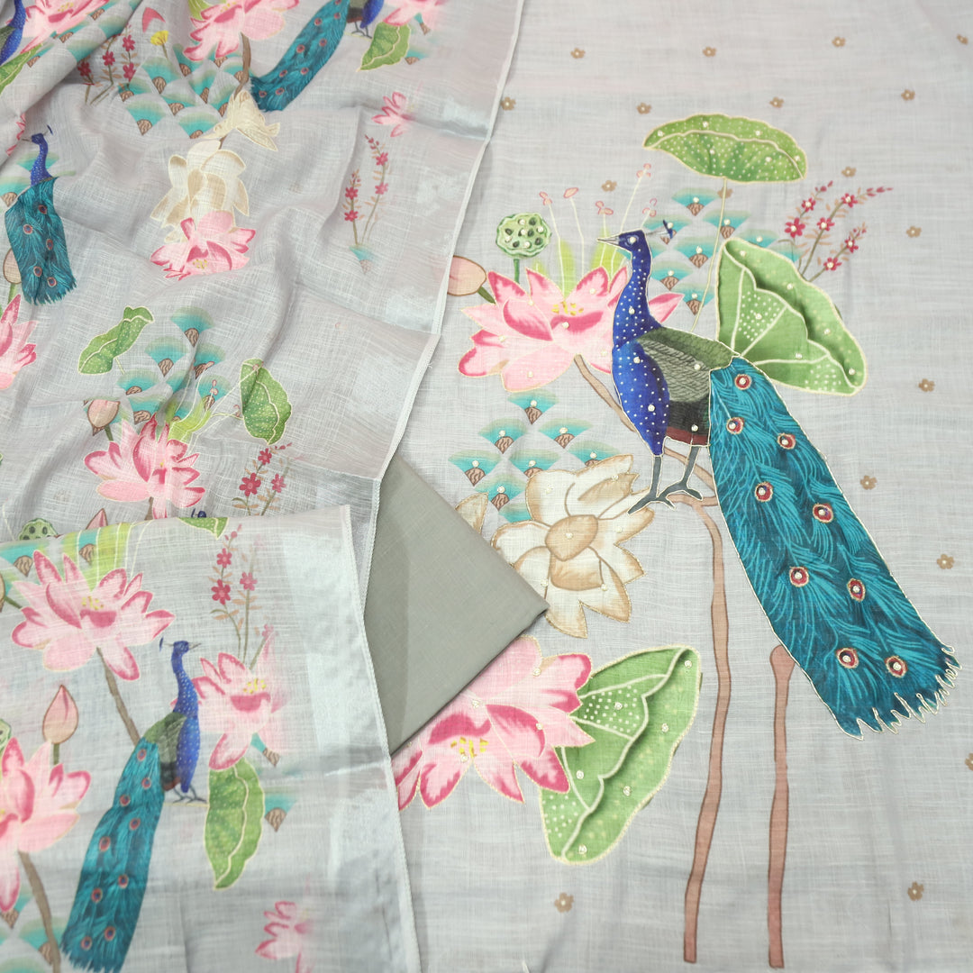 Bareli Sky Grey All Over Moti with Spiral Work Peacock Print Cotton Linen Set
